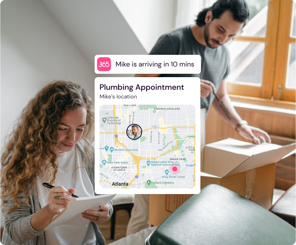 Home365 appointment reminder and man and woman moving into room